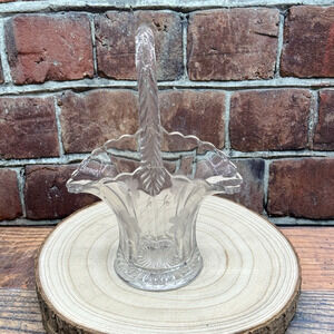 Vtg Duncan & Miller Glass Crystal Bridal Basket‎ Vase Etched Flowers UV Glow